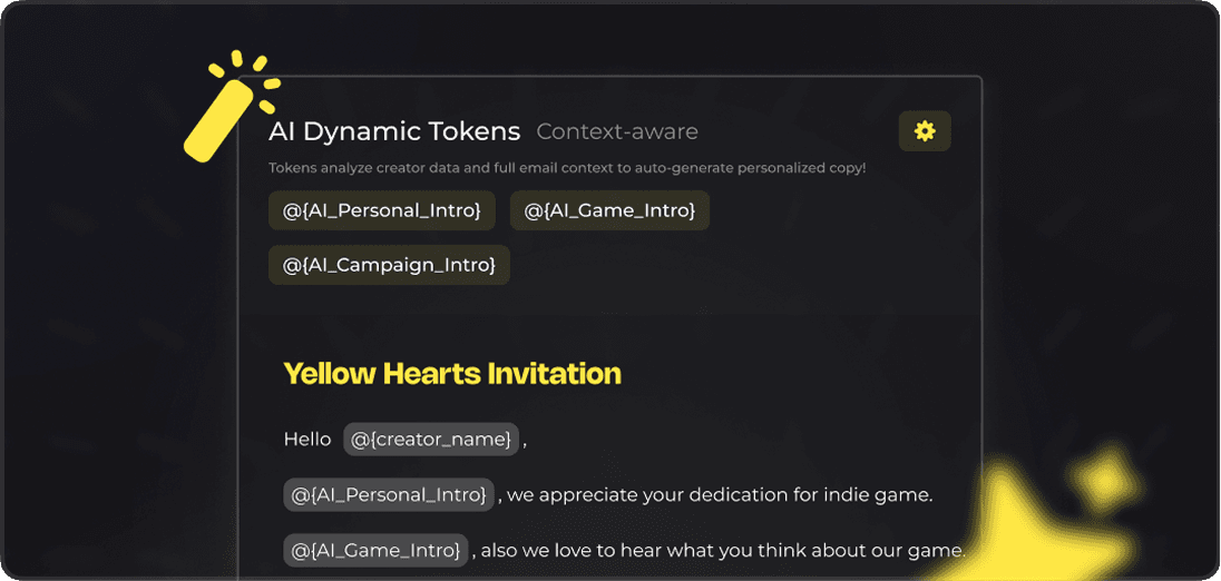 An AI composer drafting an invitation with dynamic personalization tokens